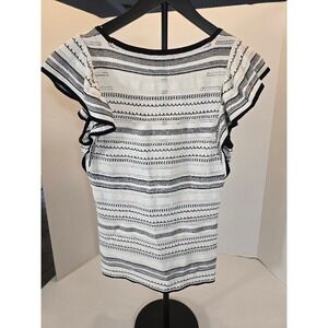 White House Black Market XS Knit‎ Top Black White Striped Flutter Sleeve